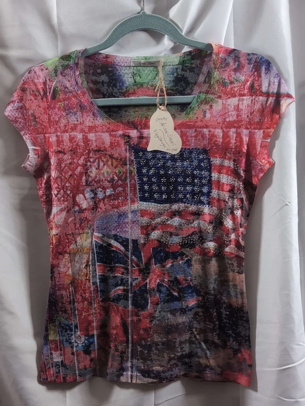 Sample - Designer Alison Sheri Women’s Multicolor Graphic Tee with Flag Motif